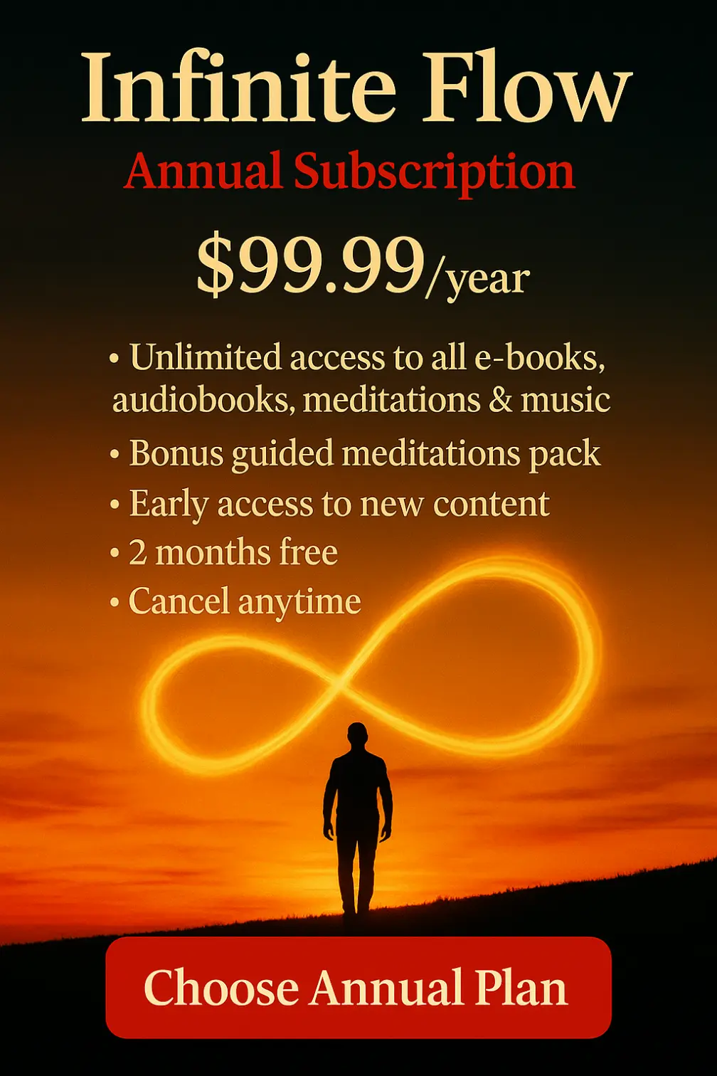Infinite Flow annual subscription poster by Wisdom Rain – cinematic digital artwork symbolizing infinite calm, creativity, and full-year access to books, meditations, and royalty-free music.