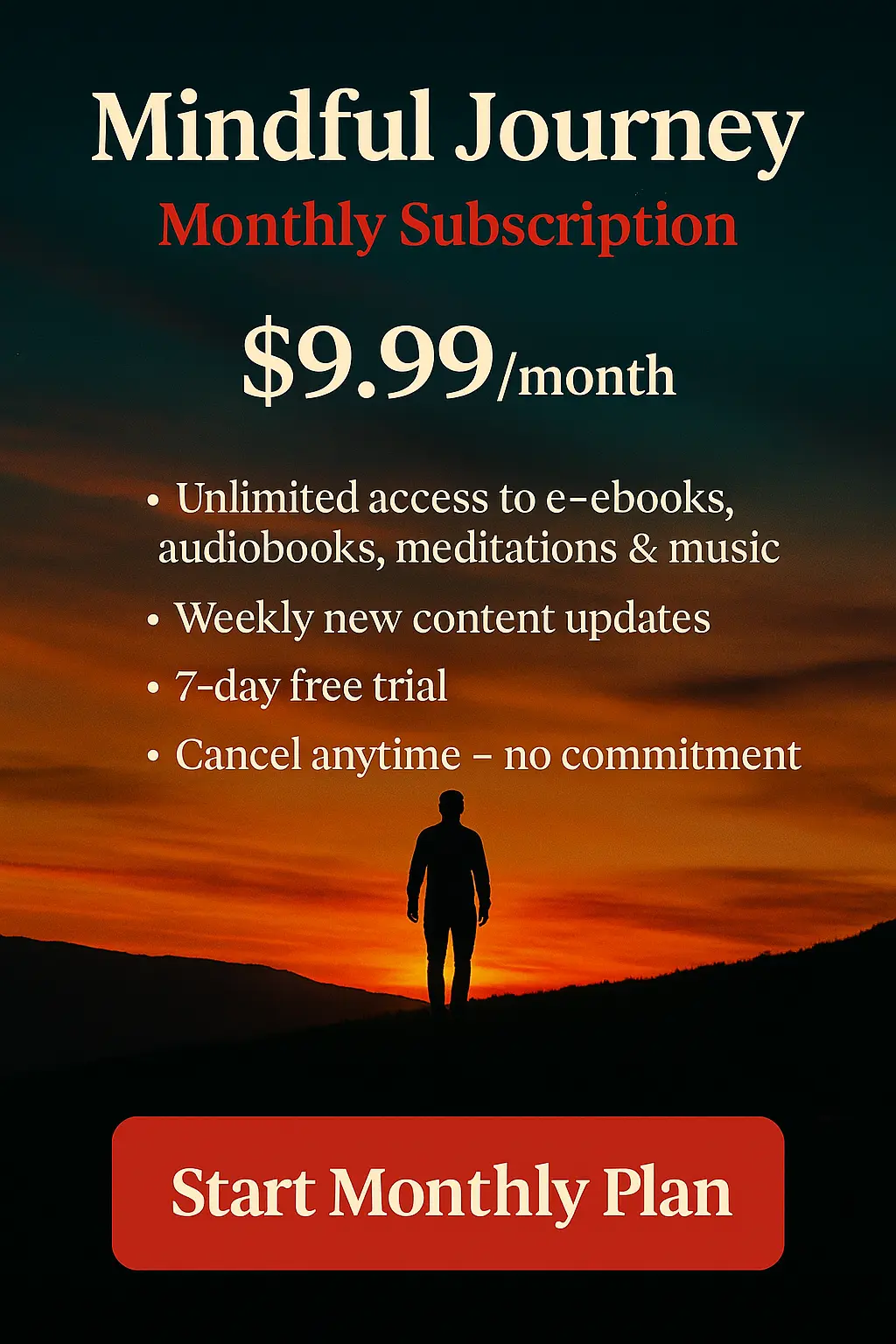 Mindful Journey monthly subscription poster by Wisdom Rain – digital calm design featuring e-books, audiobooks, meditation, and royalty-free music access.
